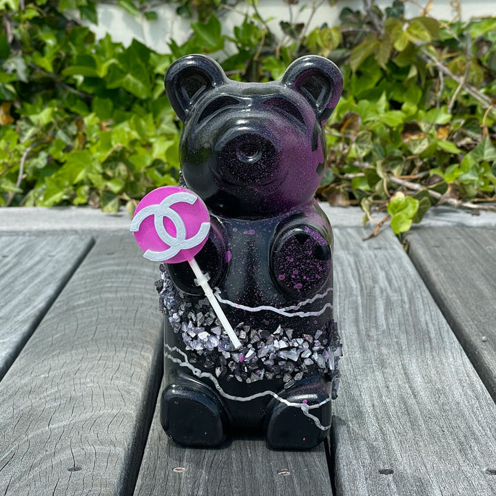 Purple Gummy Bear Statue with Lollipop Luxxcreative